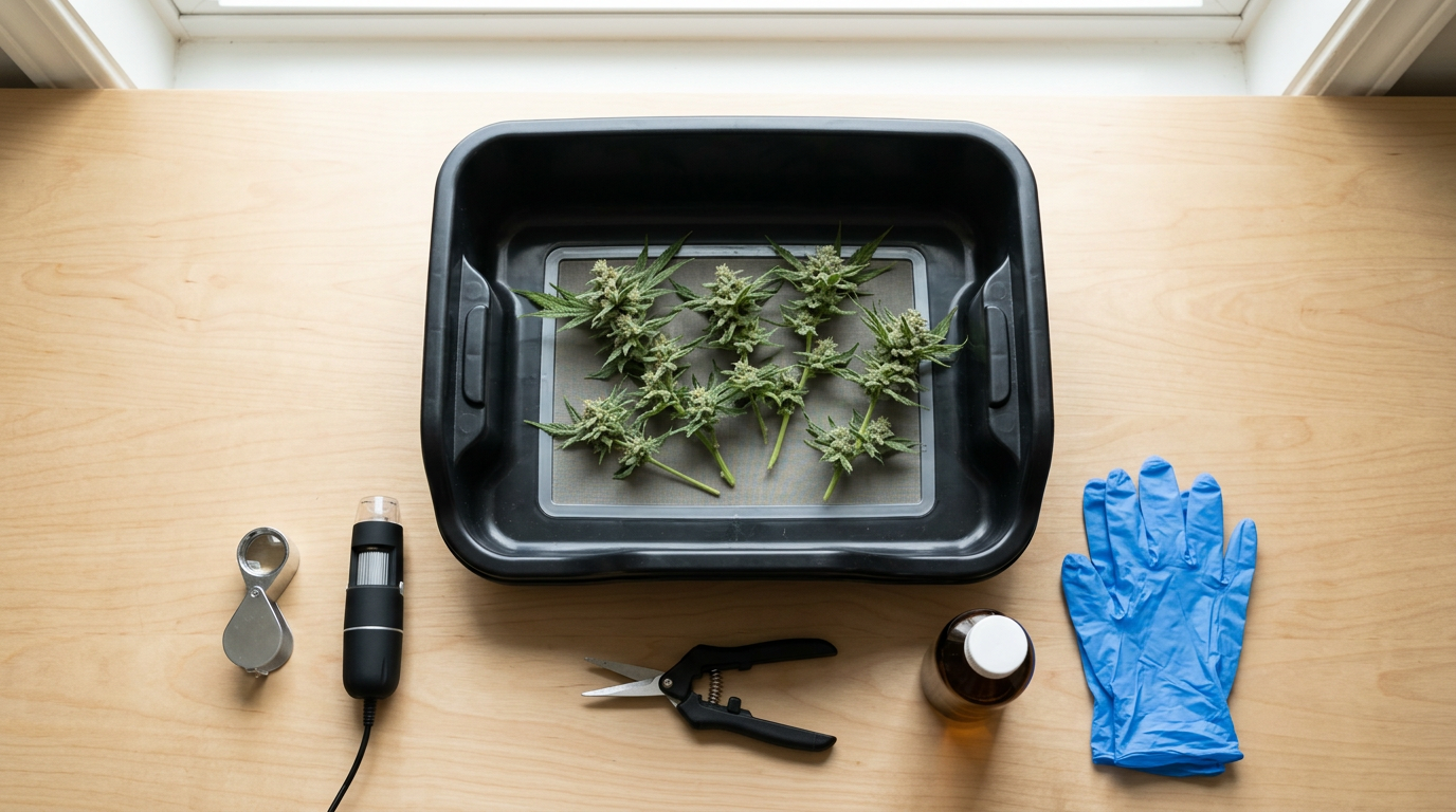 cannabis harvest tools and equipment setup including magnification loupe scissors gloves and trimming supplies