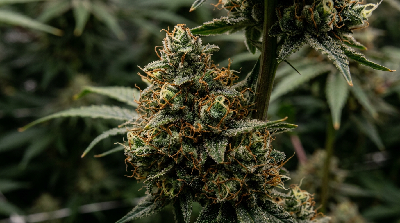 Mature cannabis bud with darkened pistils and swollen calyxes showing secondary harvest indicators