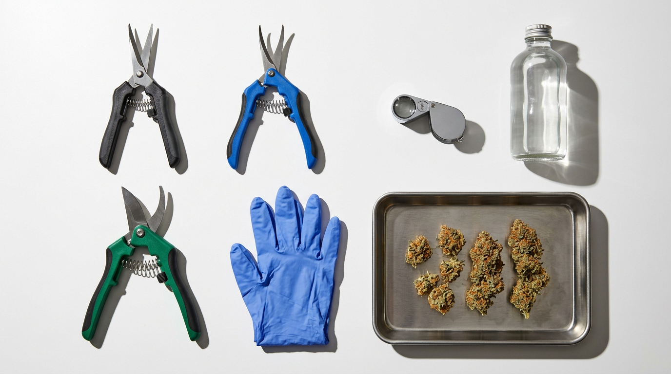 Cannabis harvest tools setup including loupe scissors gloves and trimming supplies for proper harvesting technique
