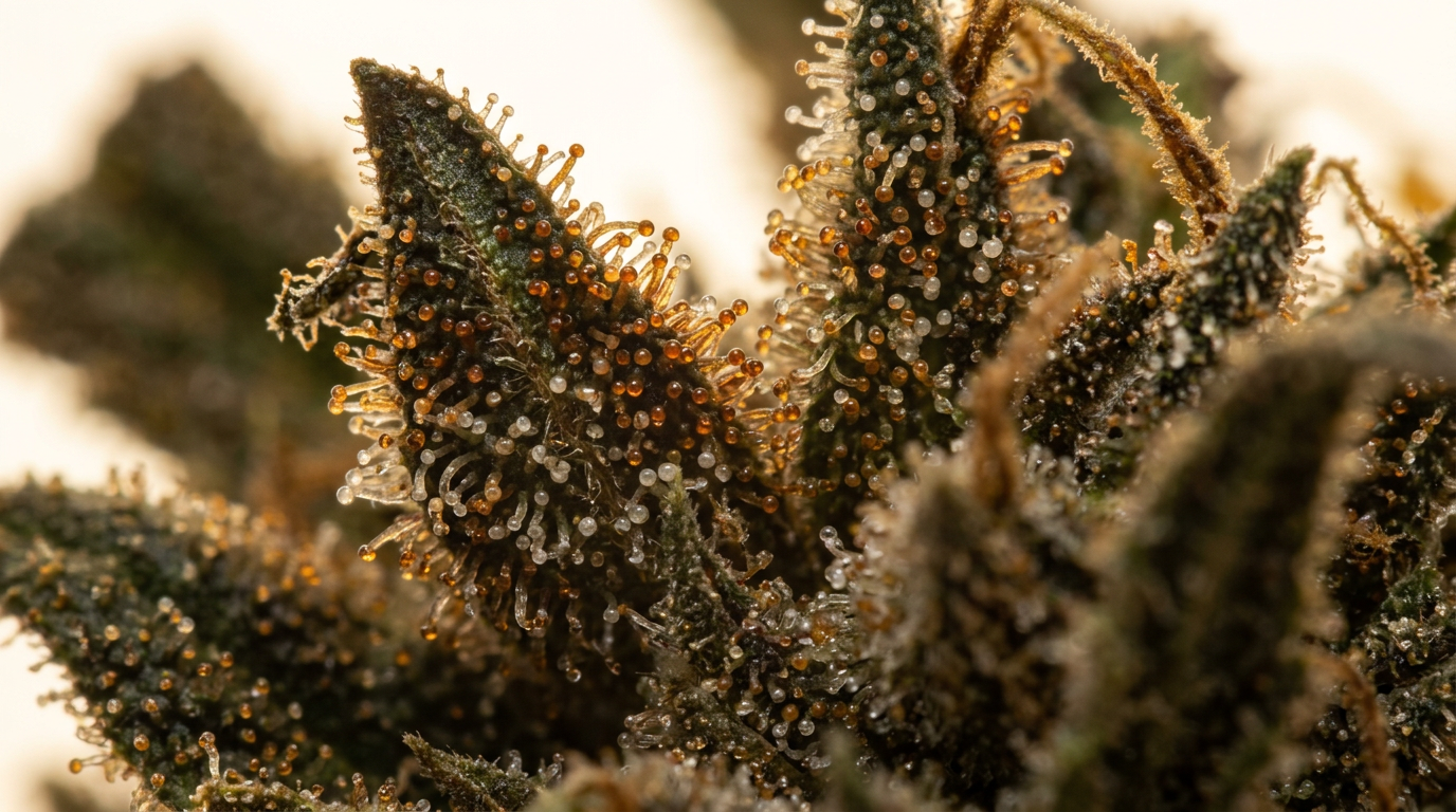 over-ripe cannabis trichomes showing excessive amber color indicating THC degradation and late harvest timing effects on cannabinoid profile