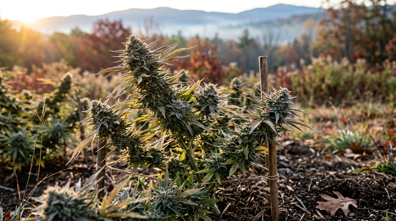 Outdoor cannabis plant at harvest readiness during fall season showing pistil maturation and bud ripeness in natural light