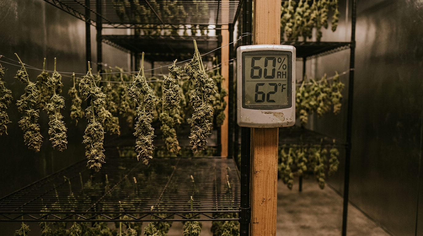 Cannabis buds drying in controlled environment showing optimal humidity 60% and temperature 62°F for proper cure preservation