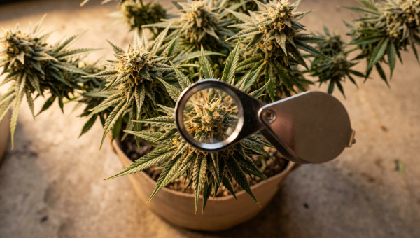 Cannabis plant at harvest time with mature trichomes visible