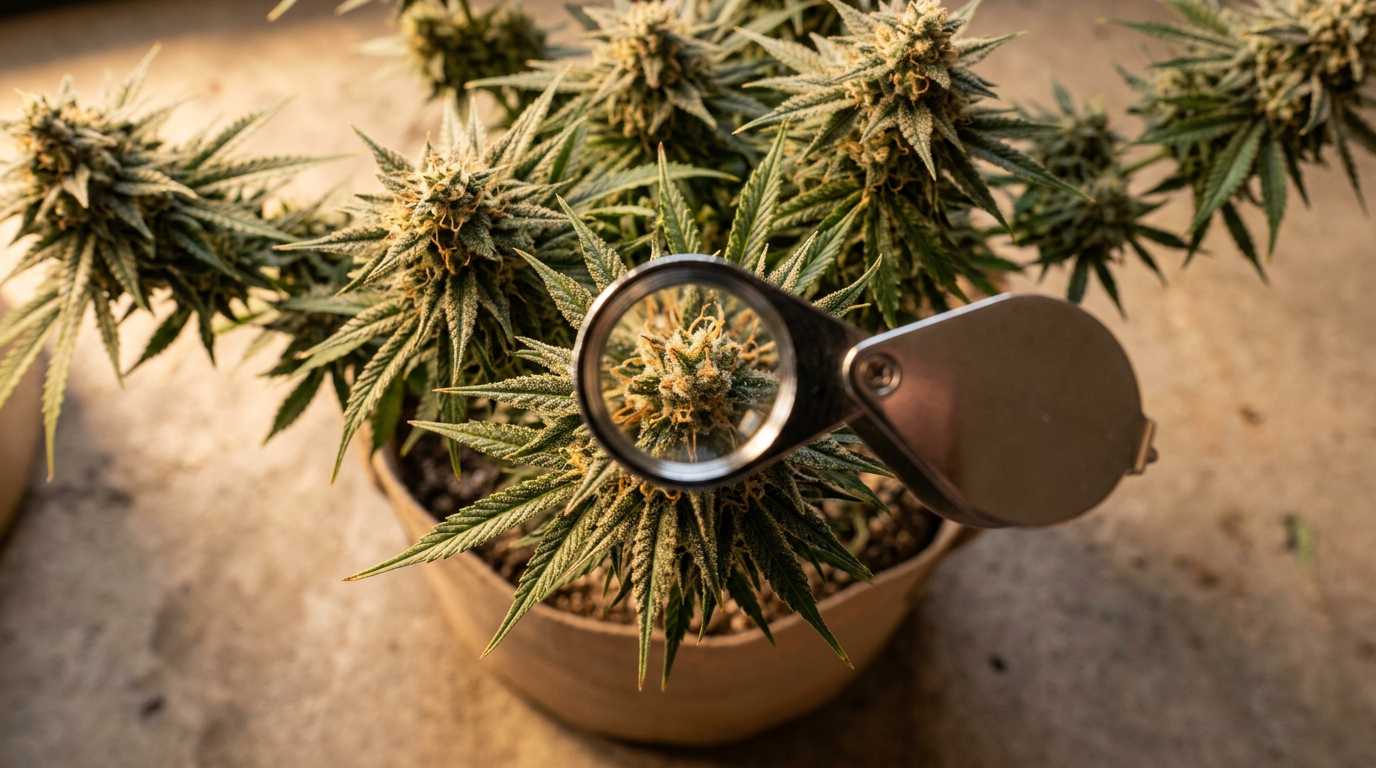 Cannabis plant at harvest time with mature trichomes visible