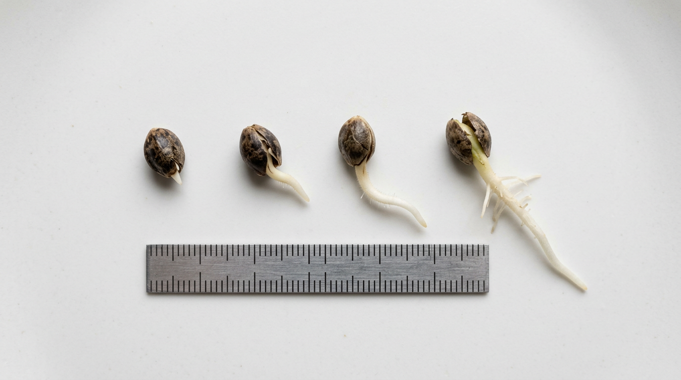 Cannabis seeds at different germination stages showing taproot emergence for home growing guide