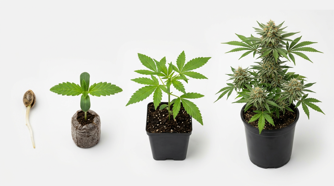 Cannabis plant lifecycle stages from germination through flowering showing development progression for home growers