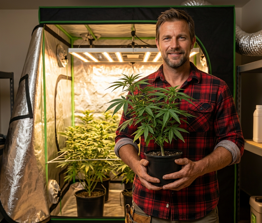 Experienced cannabis grower Darrel poses with a healthy plant in his professional home grow room setup