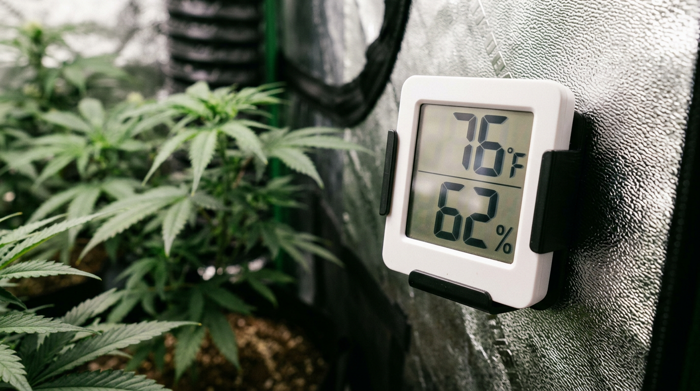 Digital environmental monitoring equipment showing ideal VPD temperature and humidity settings for cannabis vegetative stage
