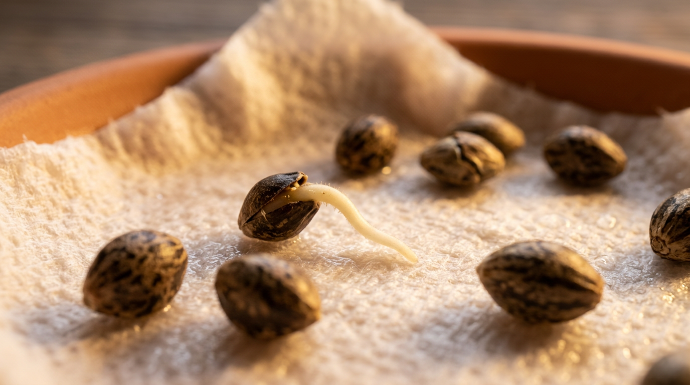 Cannabis feminized seeds and germinated seeds with visible taproots for home grower seed selection