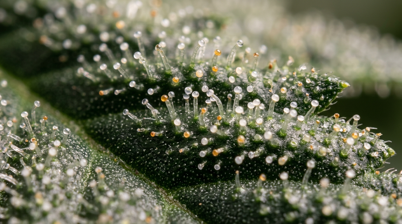 Mature cannabis trichomes showing cloudy and amber coloration for optimal harvest timing determination