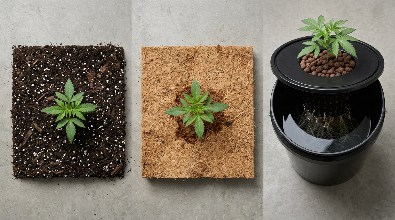 Comparison of cannabis growing mediums: soil, coco coir, and hydroponic deep water culture setup