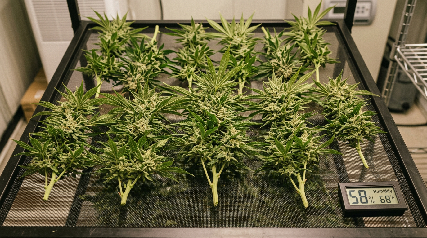 Cannabis branches hung on drying rack with humidity monitoring equipment for proper slow-dry and cure process