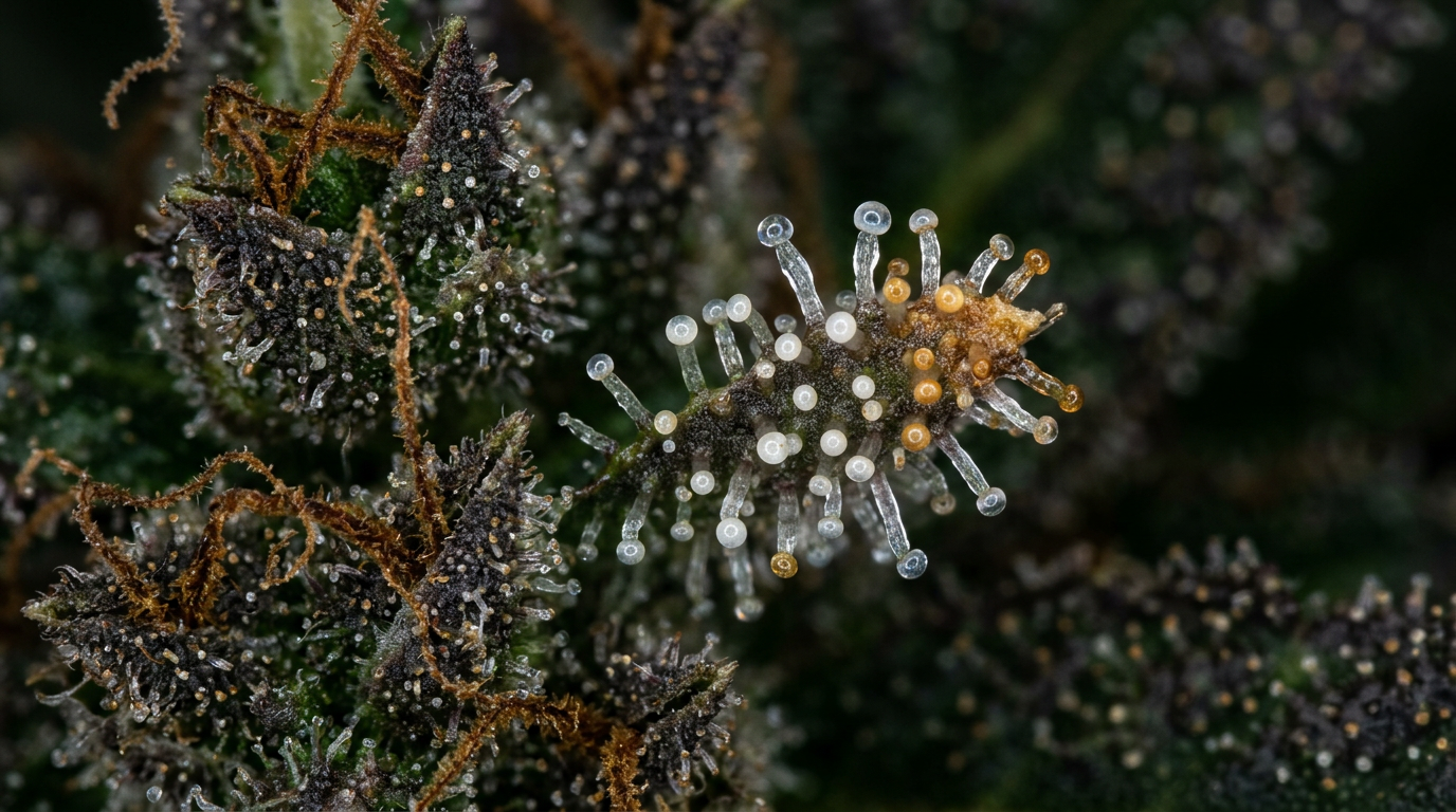 Cannabis trichome maturity stages showing clear milky and amber coloration for harvest timing determination