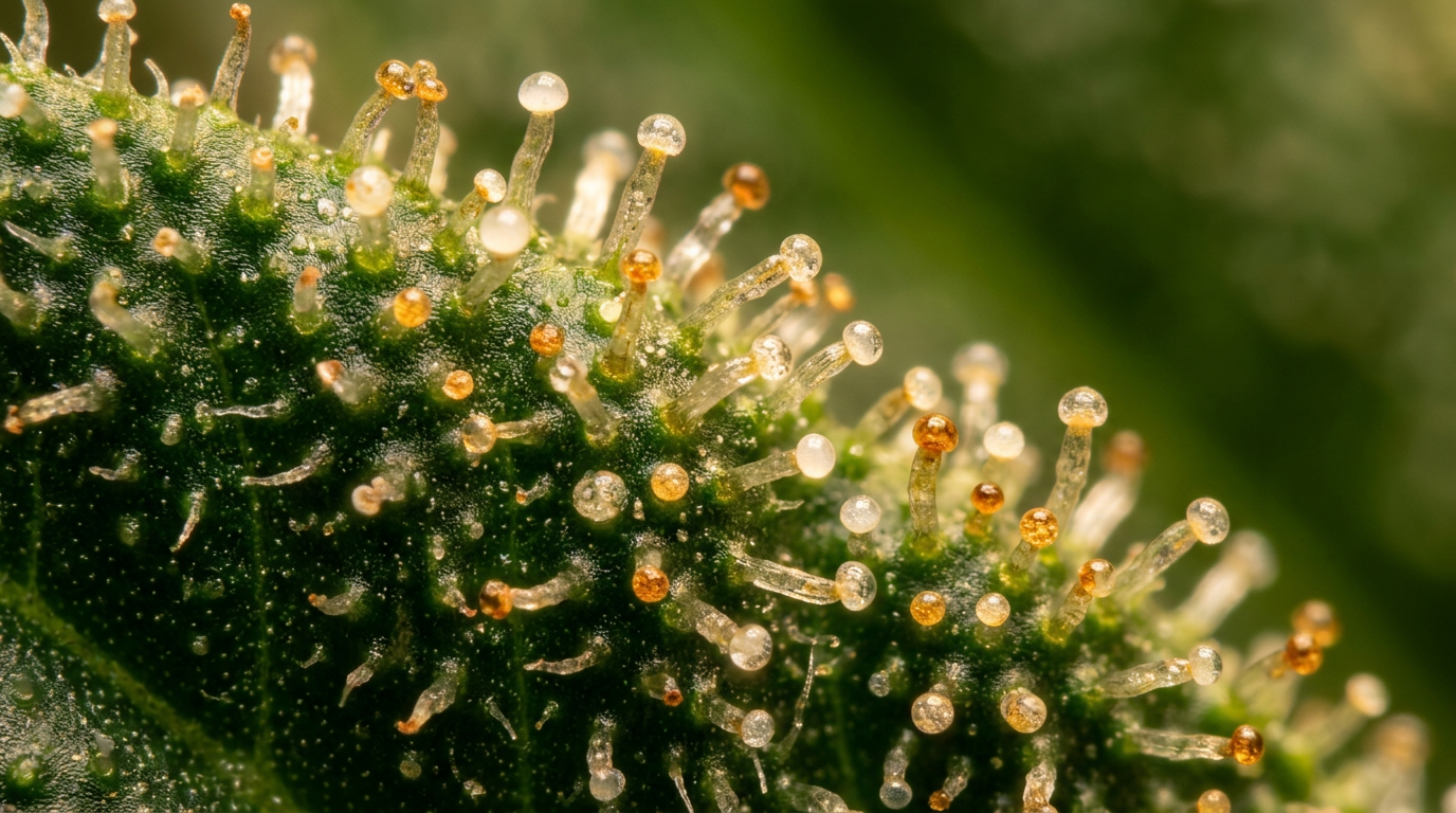 Mature cannabis trichomes close-up showing amber and milky coloration for harvest readiness determination