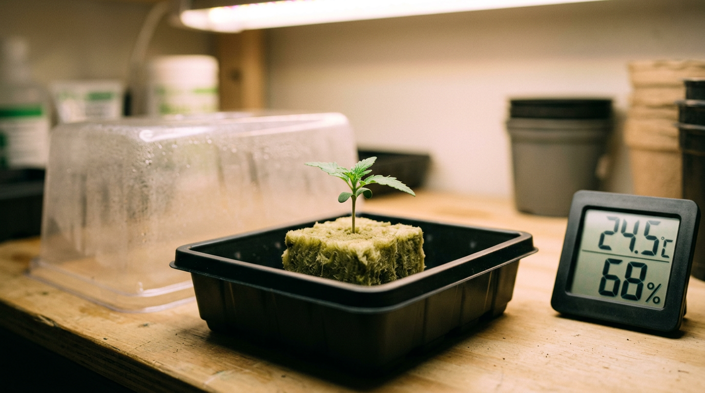 Young cannabis seedling with emerging true fan leaves in humidity dome with environmental monitoring equipment