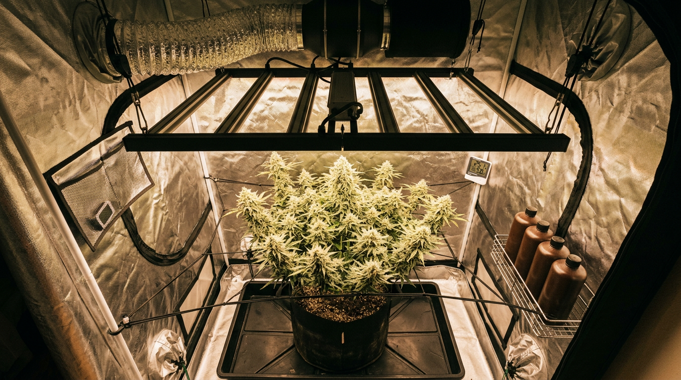 Complete home grow tent setup showing flowering stage cannabis plant with LED lighting and climate control equipment