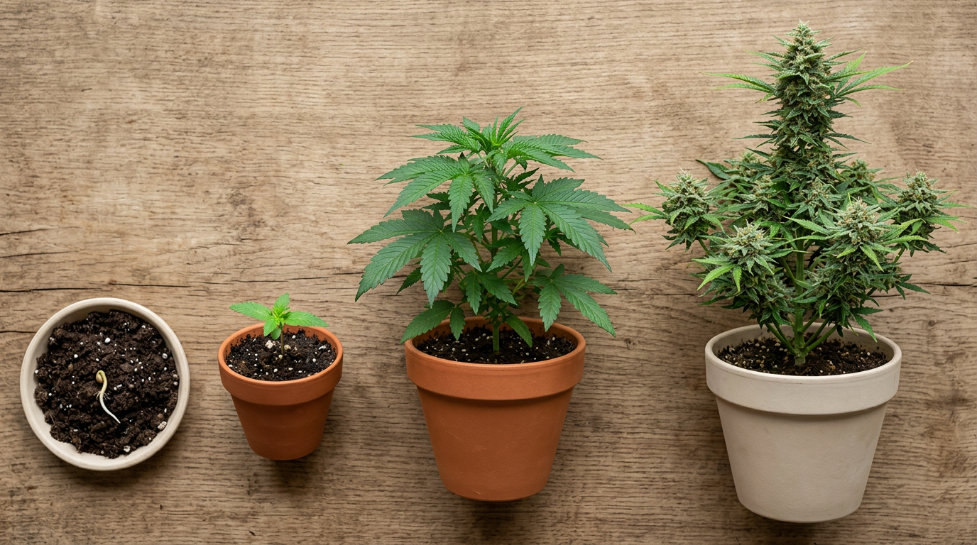 Cannabis plant growth stages from seed to flowering