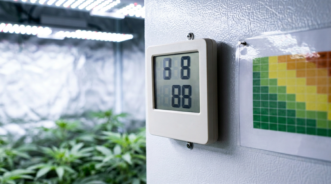 Digital hygrometer and VPD chart for cannabis grow room environment monitoring to optimize temperature humidity and vapor pressure deficit