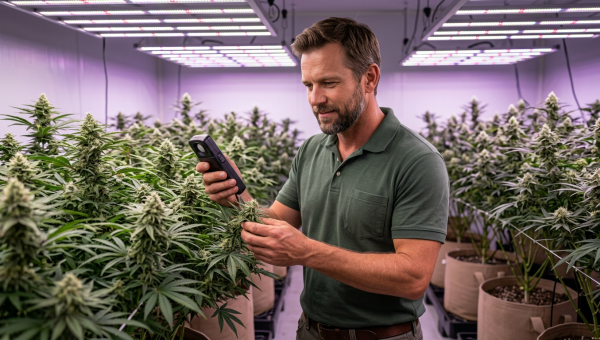 Experienced cannabis grower Darrel measuring light intensity in a professional indoor grow room with LED fixtures and flowering plants in fabric containers