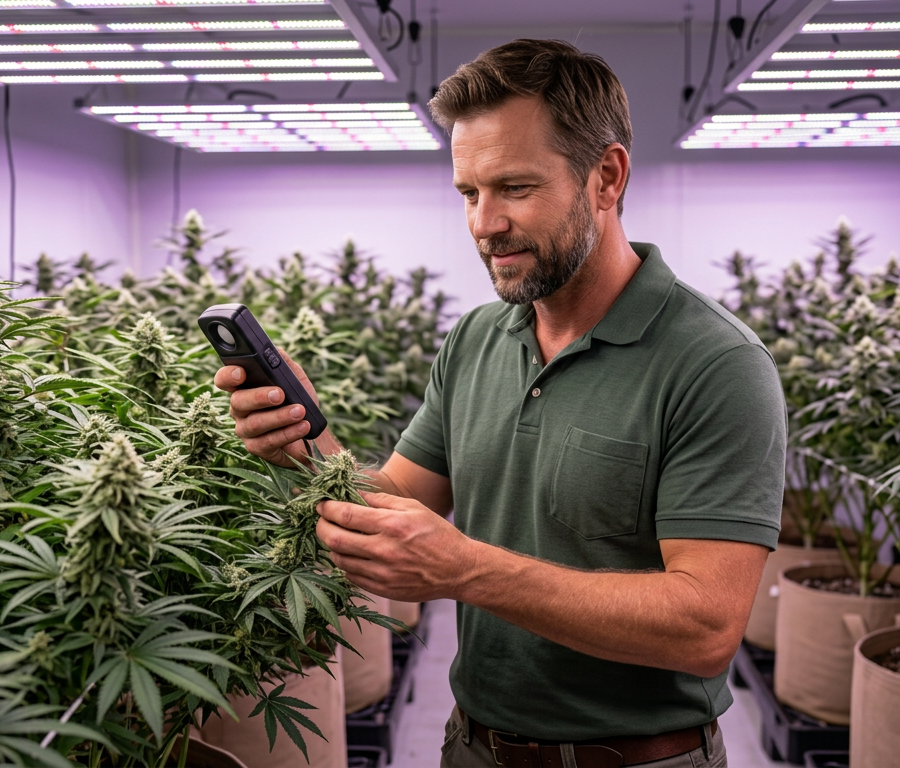 Experienced cannabis grower Darrel measuring light intensity in a professional indoor grow room with LED fixtures and flowering plants in fabric containers