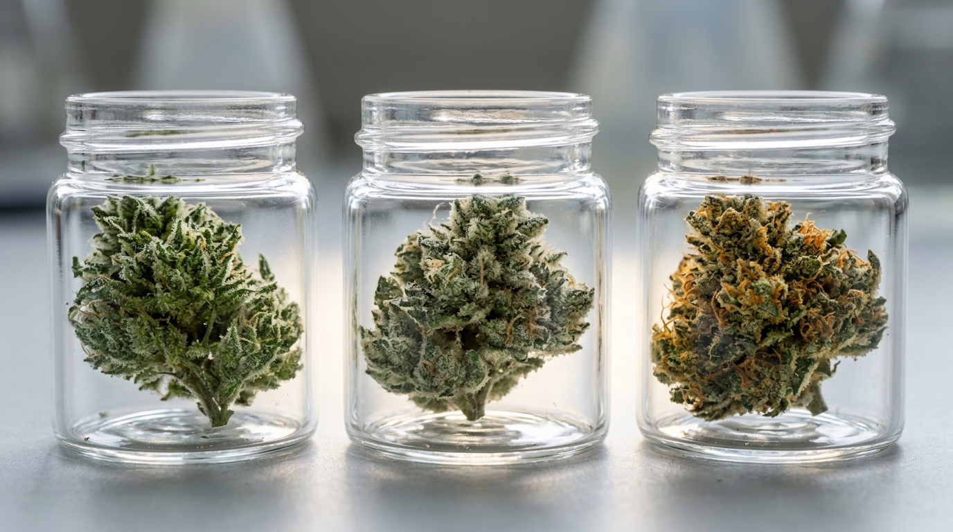 Cannabis trichome maturity stages showing clear milky and amber coloration for determining optimal harvest timing and cannabinoid development