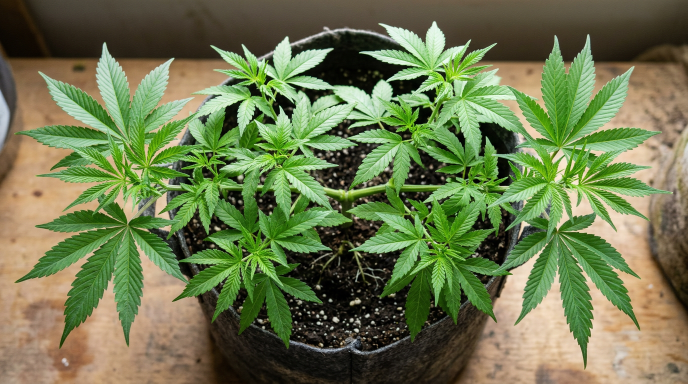 Cannabis plant in vegetative stage showing healthy branching structure in large fabric container for optimal root zone development and yield