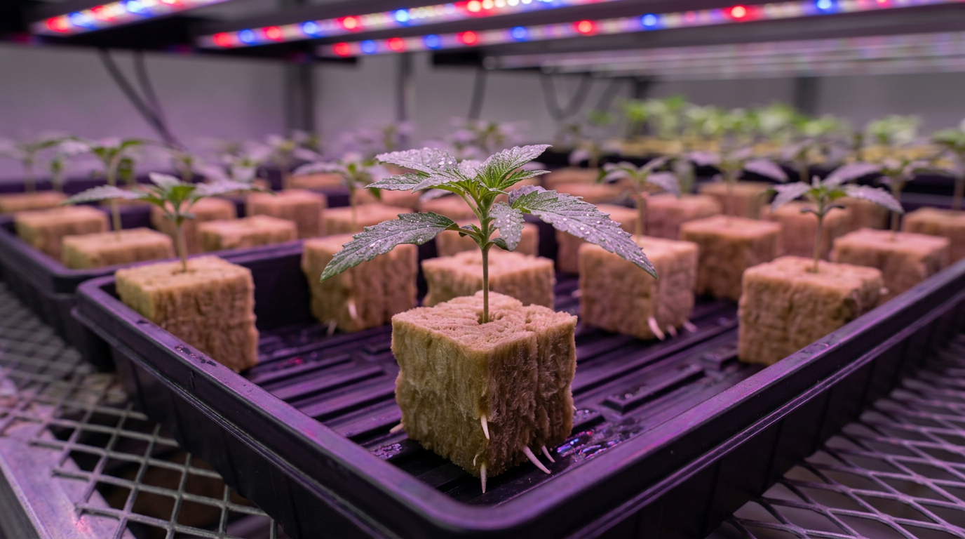 Cannabis seedling propagation stage in rockwool cube under LED lights showing early vegetative growth for diagnosing weak harvest causes