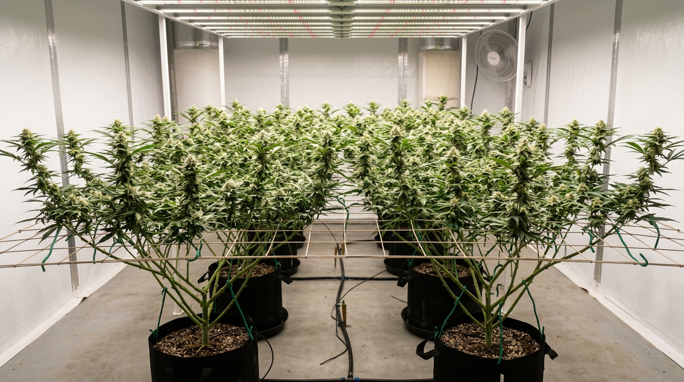 Low-stress trained cannabis plant showing even canopy management with multiple bud sites at uniform height for maximized light exposure and yield optimization