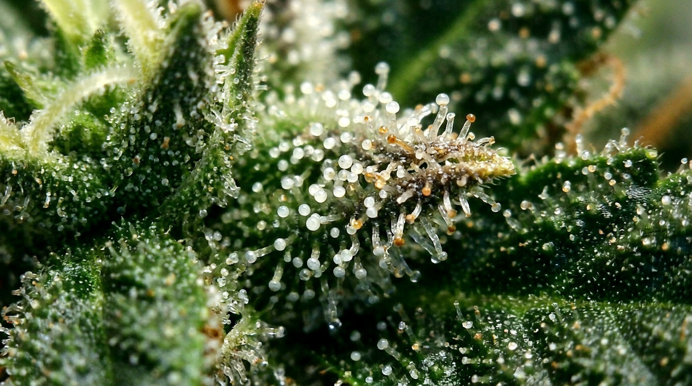 Macro photography of cannabis trichomes showing milky and amber coloration for determining optimal harvest timing to maximize cannabinoid potency and yield quality