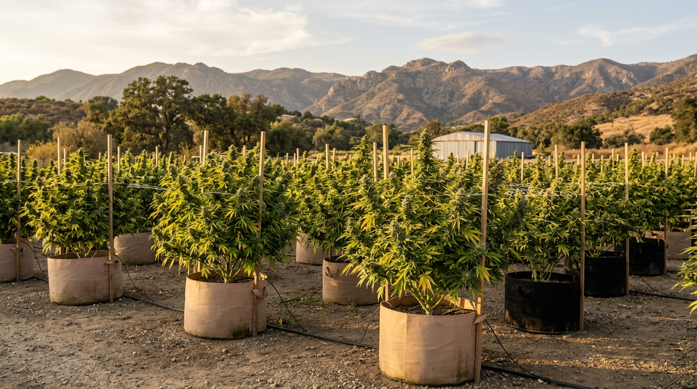 Outdoor cannabis plants in large fabric containers during late flowering stage demonstrating outdoor-specific yield maximization with natural sunlight and training techniques