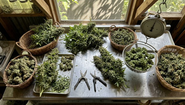 Large cannabis harvest with dense colas being weighed and trimmed