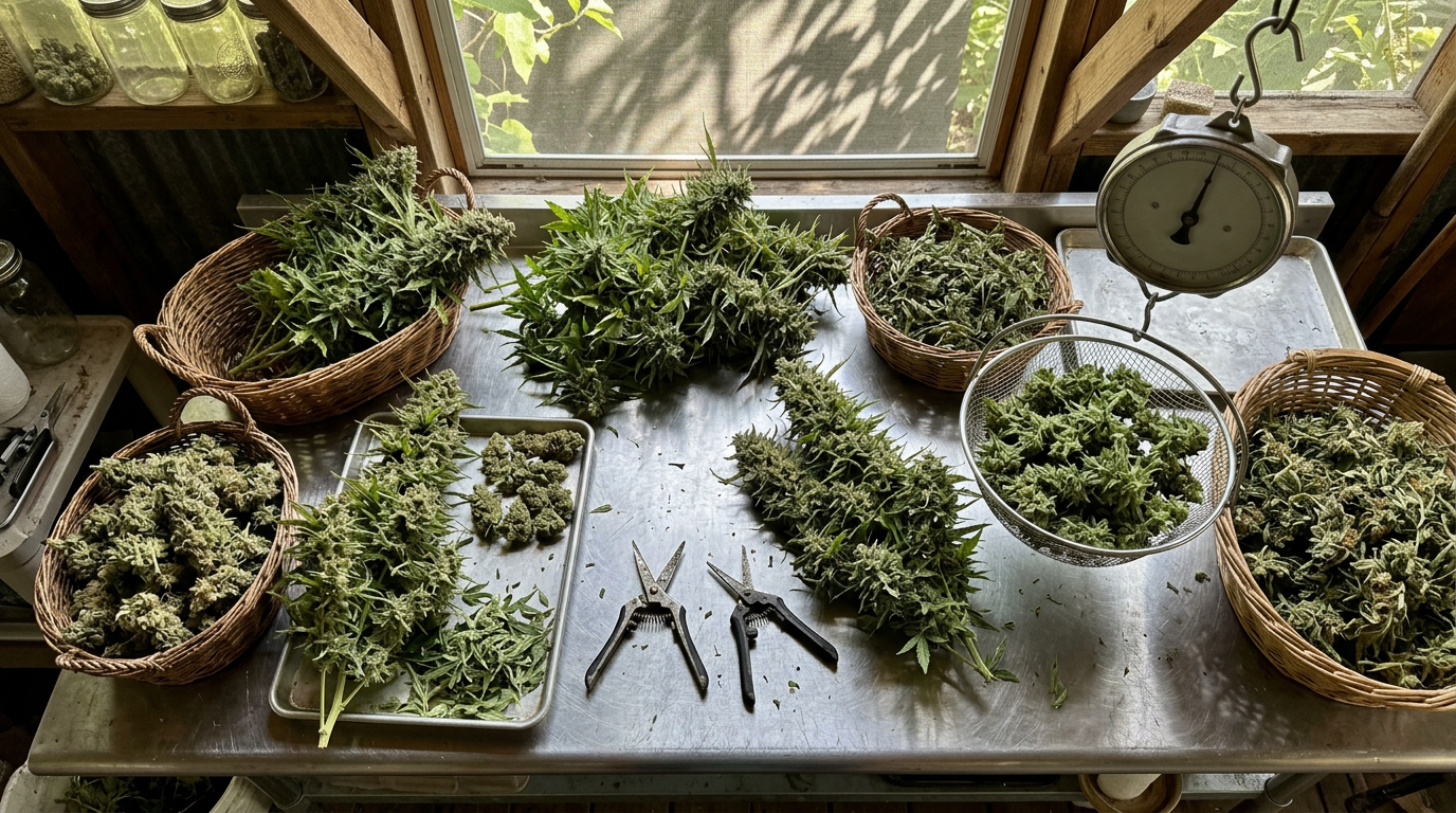 Large cannabis harvest with dense colas being weighed and trimmed