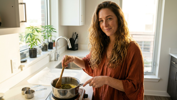 Jessica making cannabutter on stovetop with low heat, demonstrating proper infusion technique for beginner cannabis butter recipe