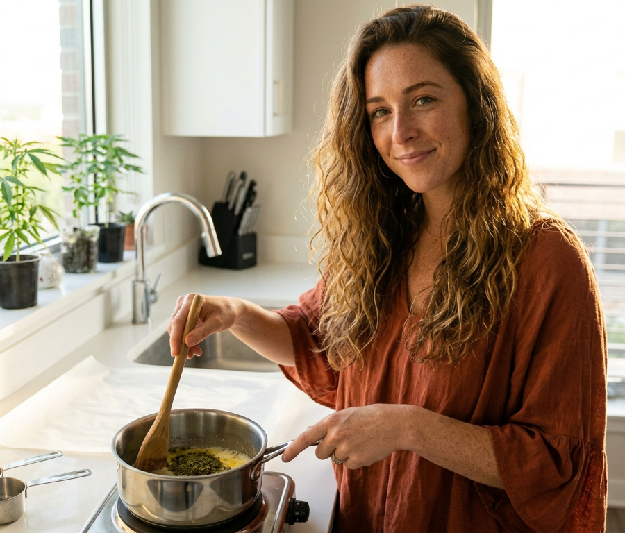 Jessica making cannabutter on stovetop with low heat, demonstrating proper infusion technique for beginner cannabis butter recipe