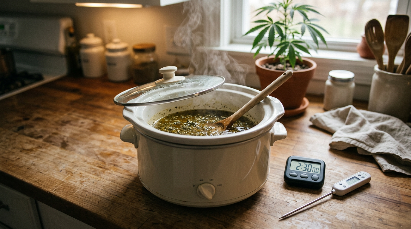Slow cooker cannabutter infusion method showing low heat setting for overnight extraction