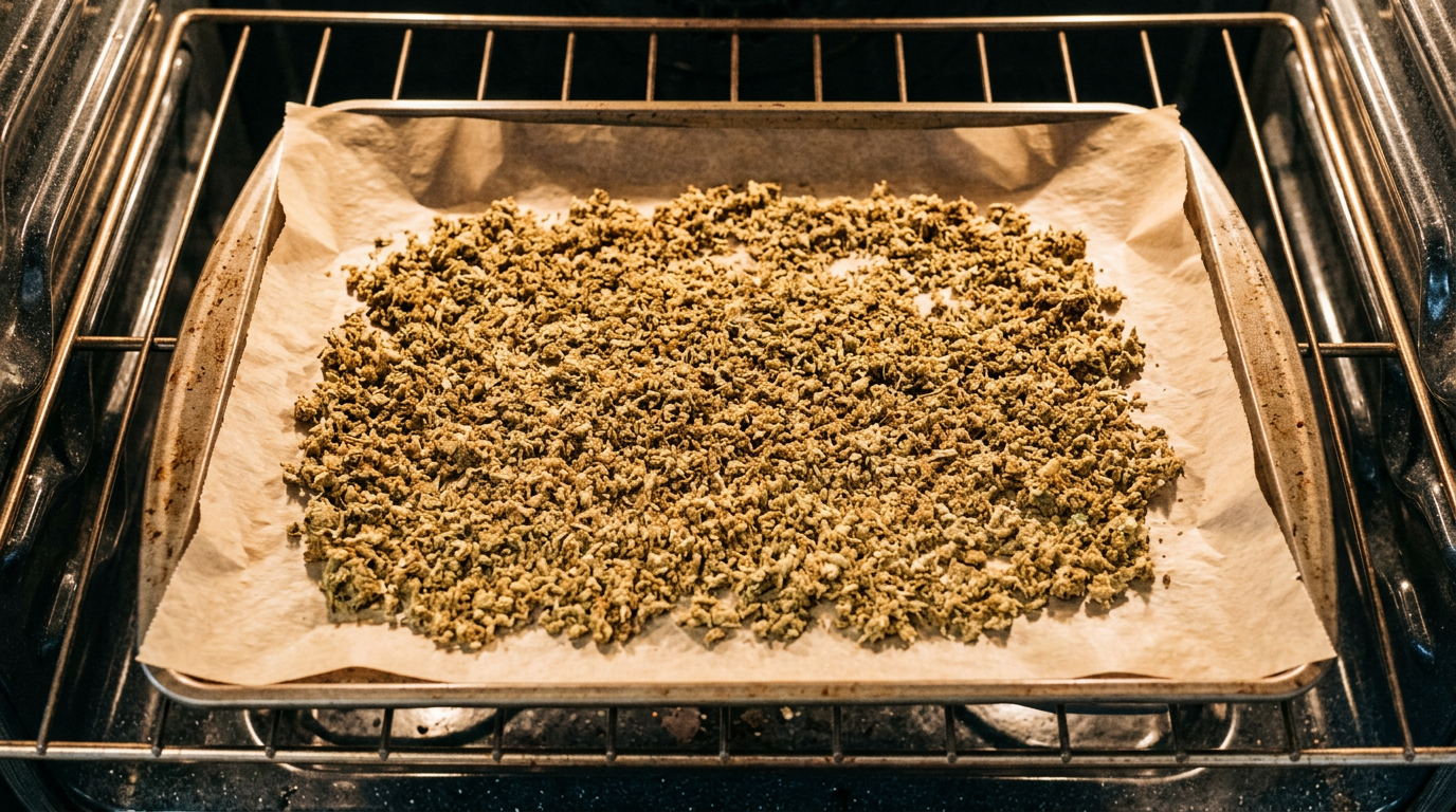 Properly decarboxylated cannabis flower on baking sheet at 245°F showing golden-brown color for optimal cannabinoid activation