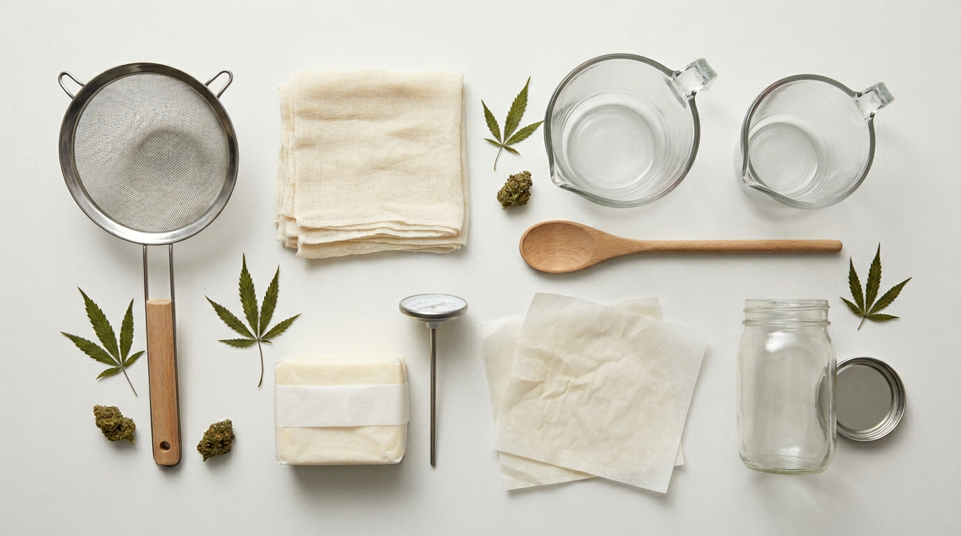 Complete cannabutter infusion equipment including cheesecloth, mesh strainer, thermometer, and storage containers for stovetop method