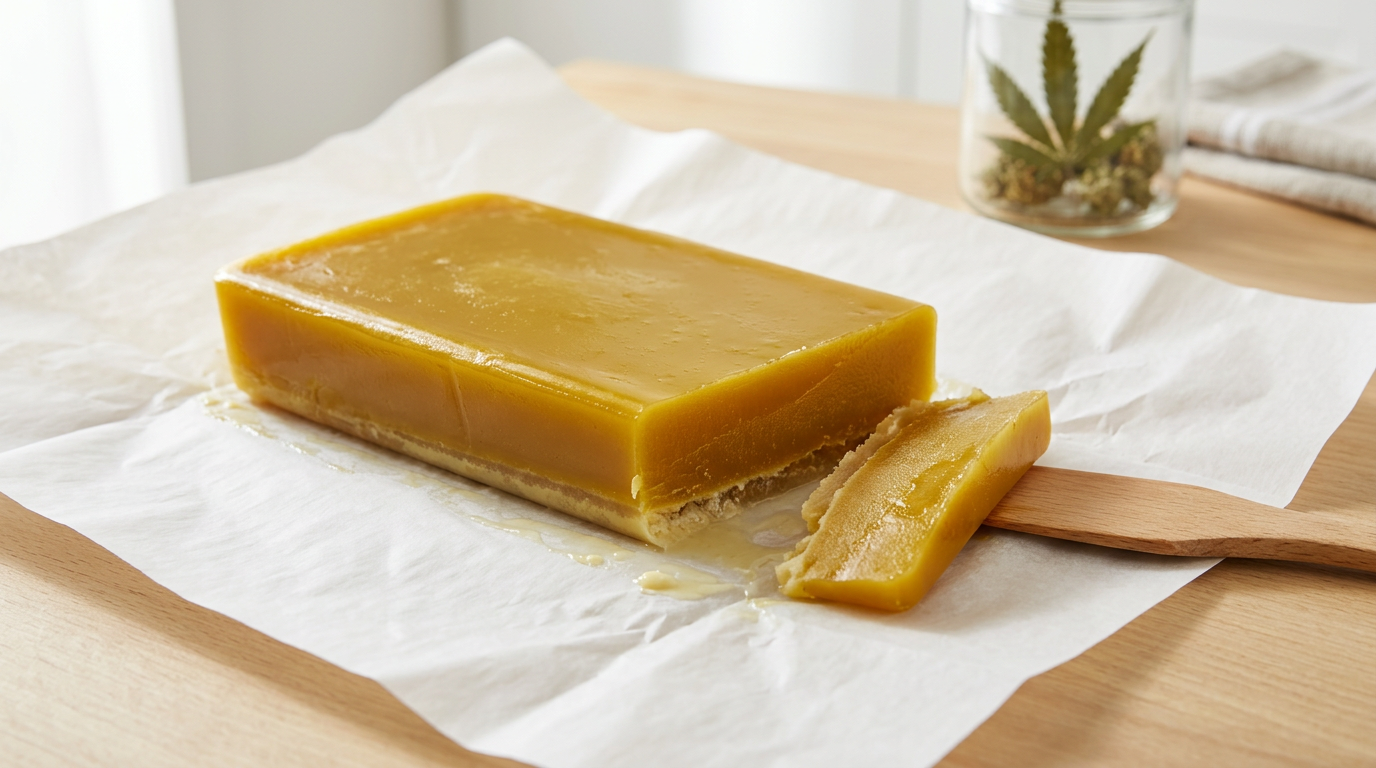 Finished golden cannabutter block showing proper separation of water after refrigeration and storage technique