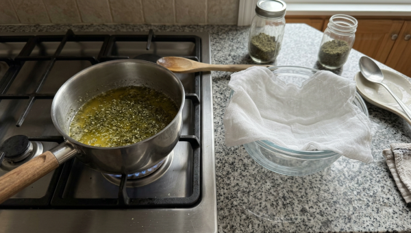 Making cannabis butter with decarboxylated flower in a saucepan