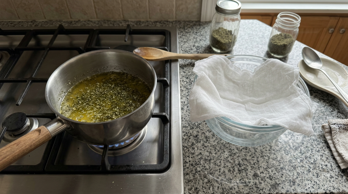 Making cannabis butter with decarboxylated flower in a saucepan