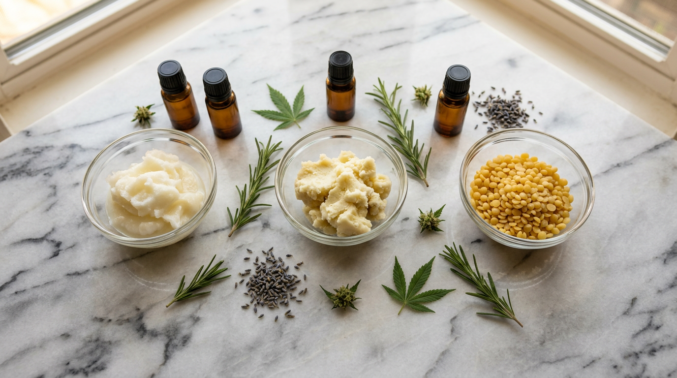 Cannabis topical ingredients laid out flat including coconut oil, beeswax, essential oils, and botanical herbs for DIY balm making