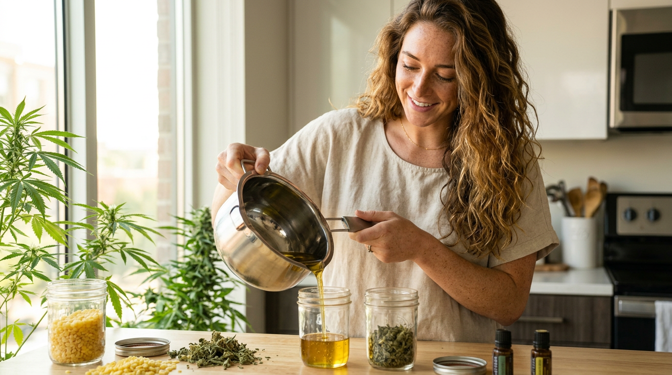 woman making cannabis-infused oil for DIY topicals in a modern kitchen with double boiler and carrier oils