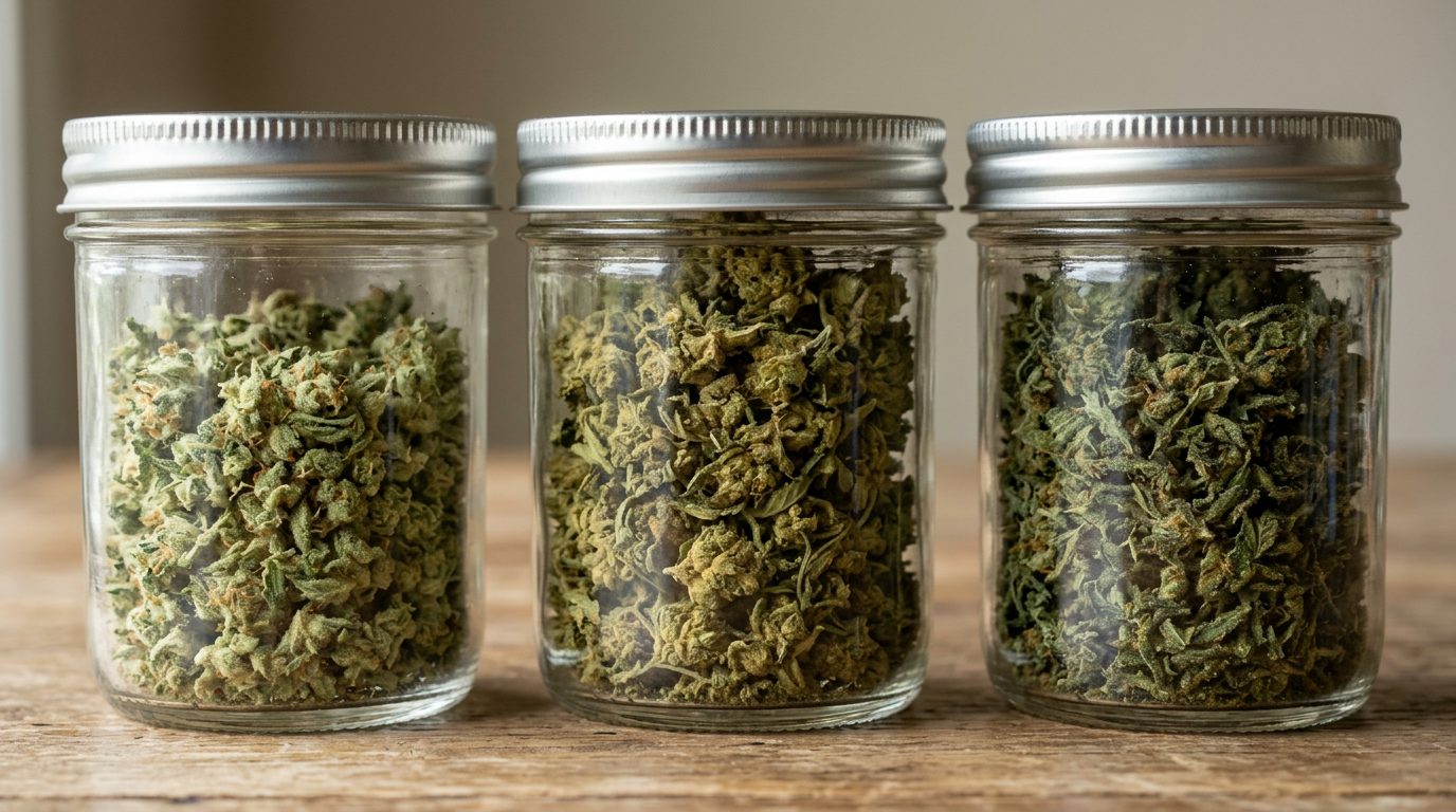 Cannabis trim and shake varieties in glass jars showing different textures and colors for topical infusion selection