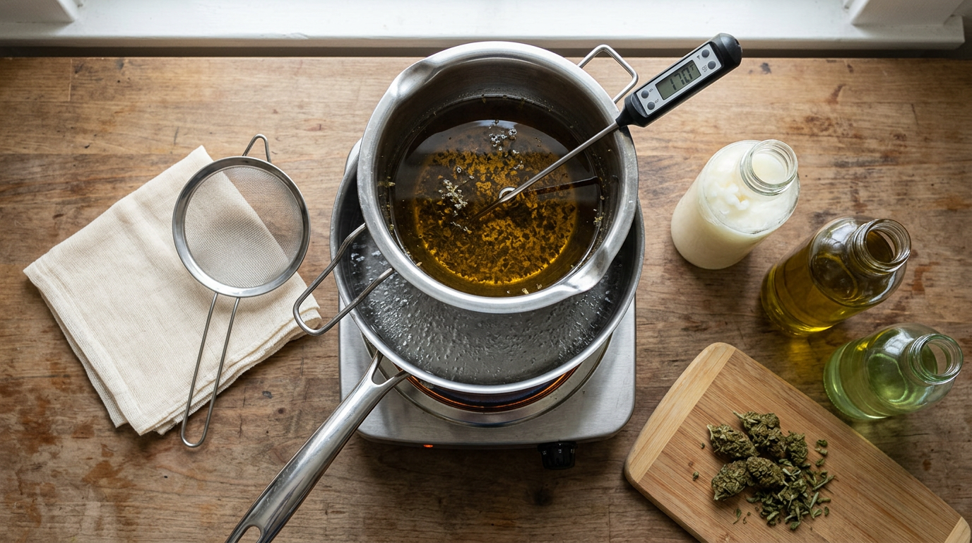 double boiler method for infusing cannabis oil with thermometer, cheesecloth, and three carrier oil options