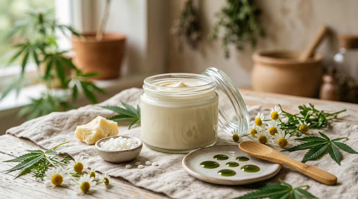 Cannabis soothing skin cream in glass jar with emulsifying wax, shea butter, and chamomile ingredients for DIY topical preparation