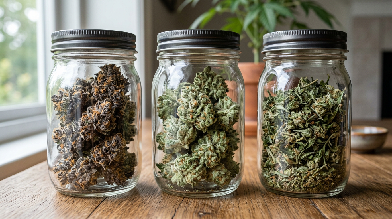 cannabis strain comparison for topicals including Granddaddy Purple and Northern Lights with visible trichomes