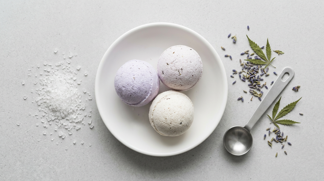 Finished cannabis bath bombs with Epsom salts and dried botanical ingredients ready for use in homemade topical bath treatments