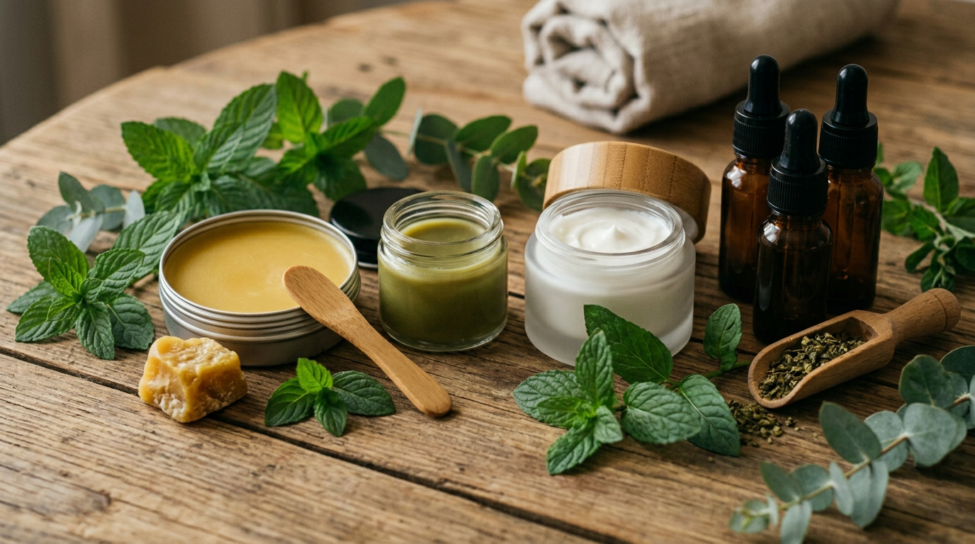 finished cannabis topical products including balm, salve, and cream with essential oils and botanical ingredients