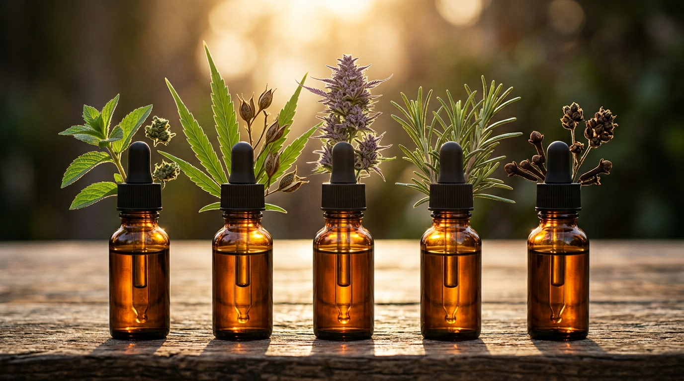 essential oils for cannabis topicals including peppermint, eucalyptus, lavender, rosemary with fresh herbs