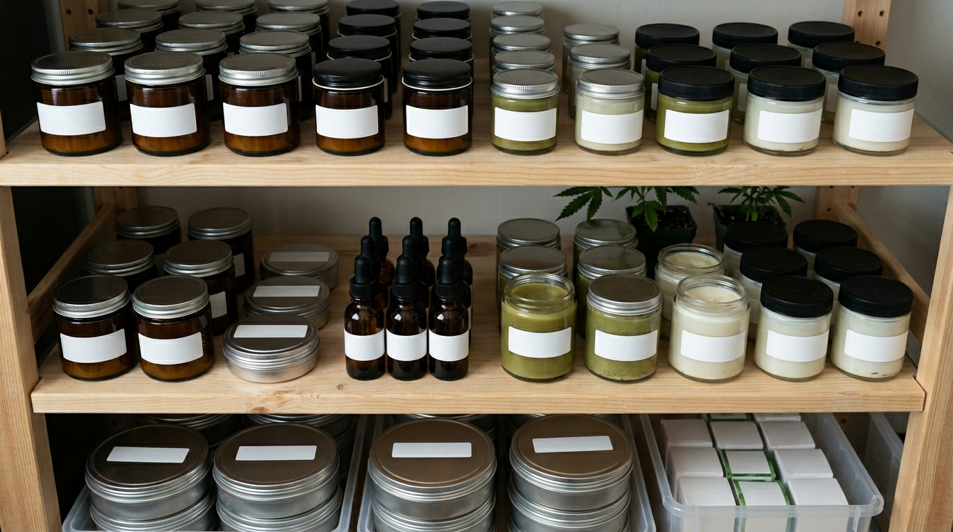 properly stored cannabis topical balms and creams in labeled glass jars demonstrating shelf-life and safety storage
